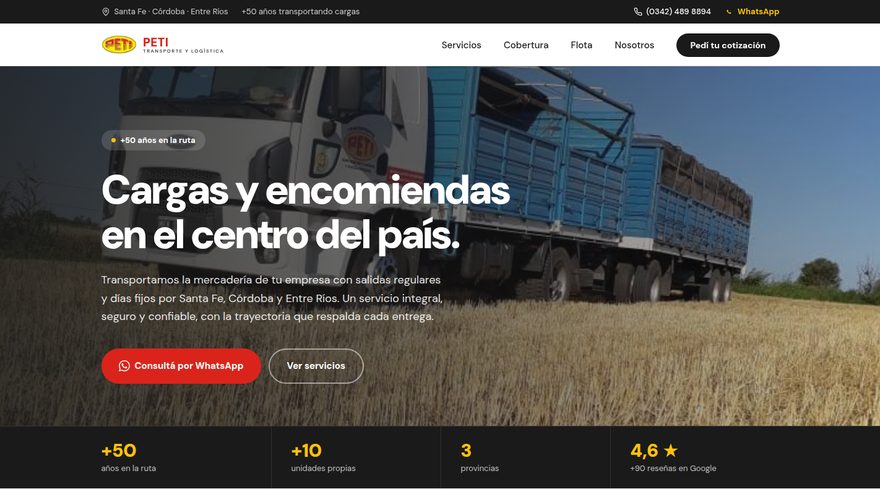 Home del sitio de Transporte PETI: titular sobre cargas y encomiendas en el centro del pais, con banda de datos de la empresa